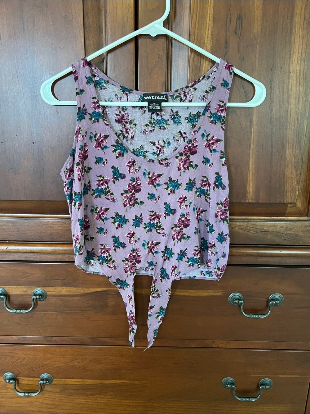 Wet Seal Mauve-Lavender Floral Tie-Front Tank Top (Size Medium)